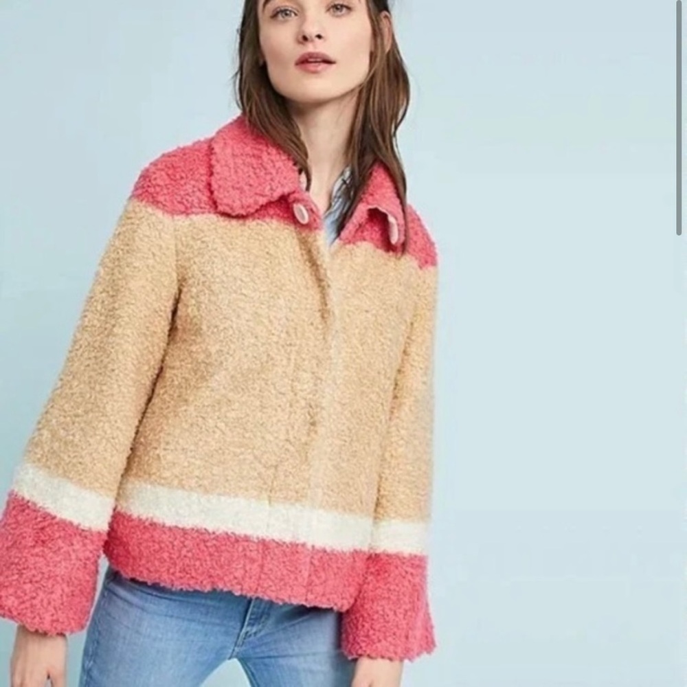Anthropologie Tan & Pink Fuzzy Light Jacket
